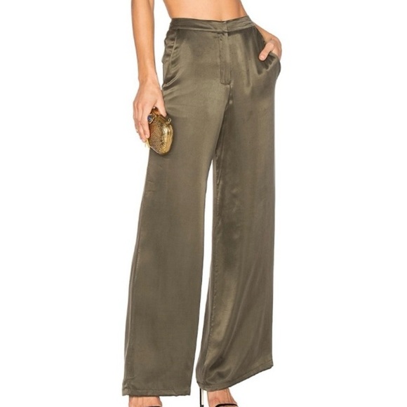 House of Harlow 1960 Olive Satin Wide-Leg Pants - Picture 3 of 7